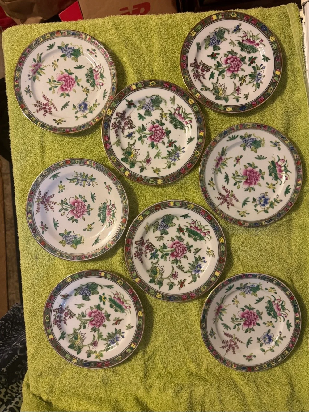Vntg ACF Japanese Porcelain Plates in Hong Kong Famille Rose Floral Set of 18